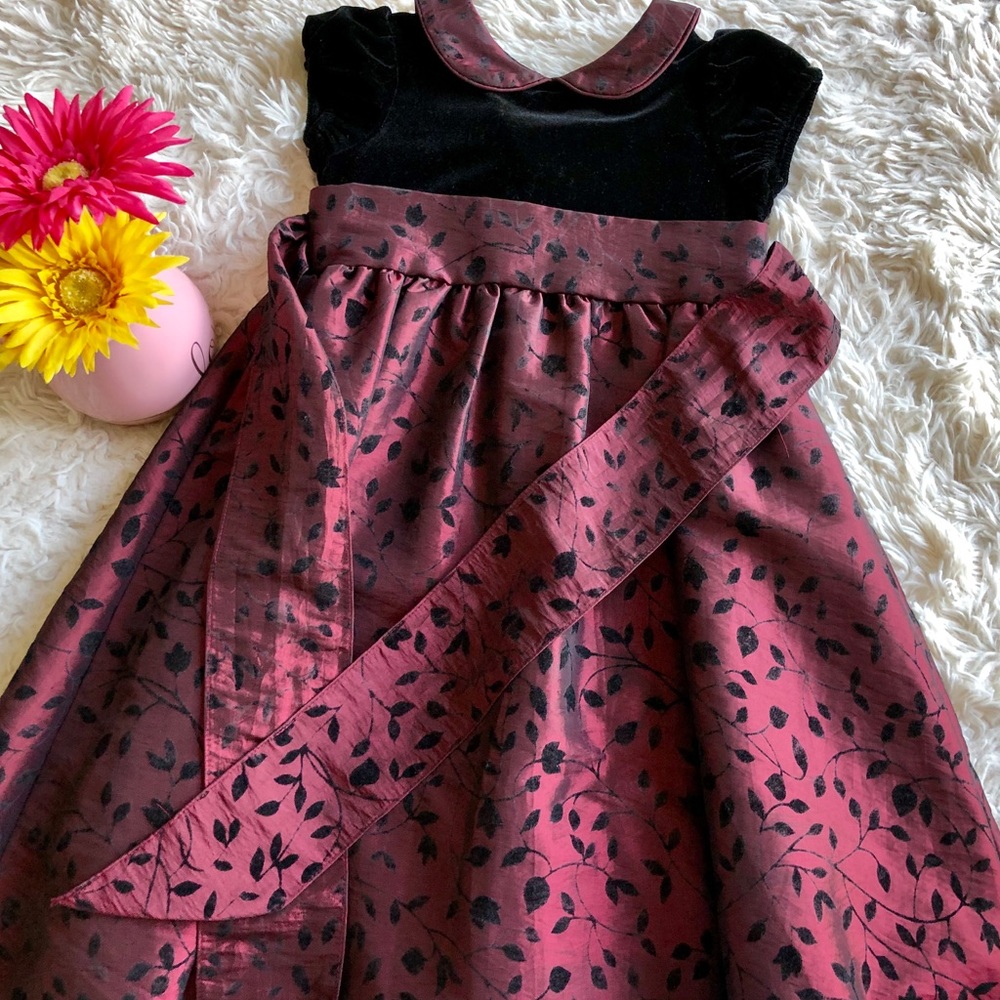 Girls Elegant Blk Velour/Deep Red/Burgundy Dress
